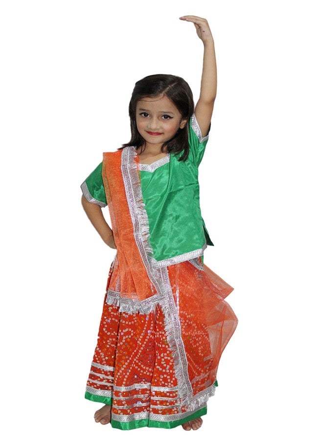 كاكو فانسي دريسيس طقم ليهنغا للرقص على أنغام غاربا نافراتري من كاكو فانسي دريسز | طقم رادها ليهنغا تشولي دوباتا للبنات - برتقالي وأخضر، للبنات - Image 1